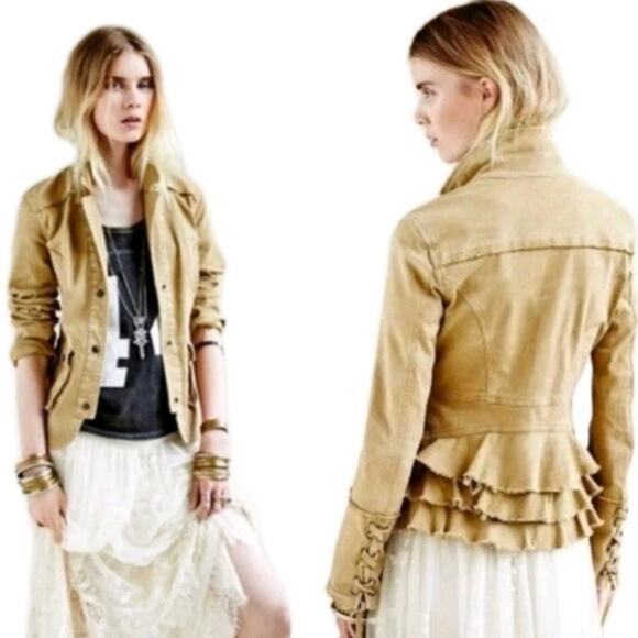 Free People Jackets & Blazers - Free people Jacket Military Blazer S Ruffle Back lace Up Vamp Boho Festival Tan